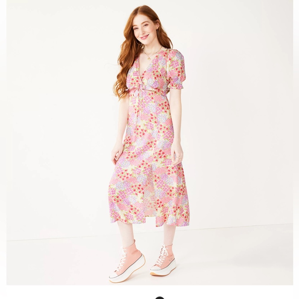 Juniors' SO® Puffed Sleeve Side Slit‎ Midi Dress Size Medium Floral